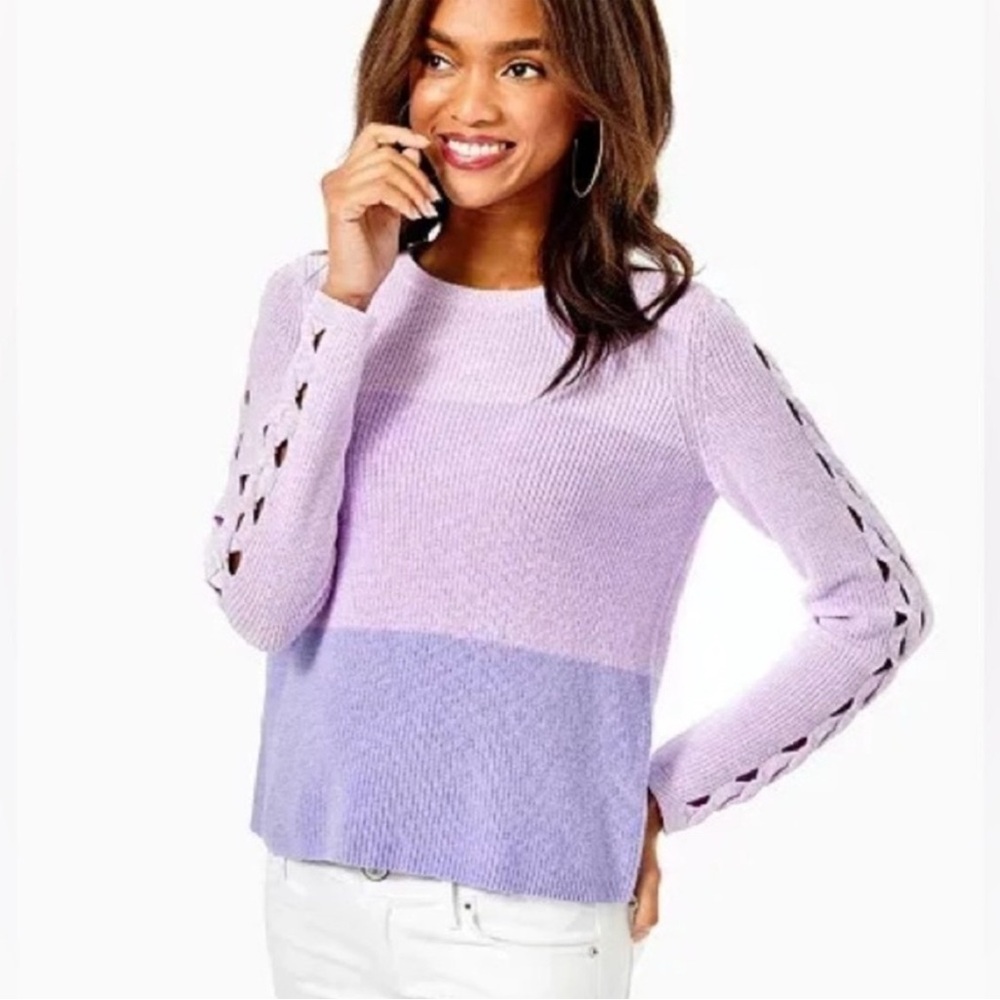 Lilly Pulitzer NWT Cortina Purple Sweater with Braided Sleeves, marbled ombré
